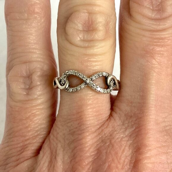 Sterling Silver 925 Dainty Round Diamond Infinity Symbol Band Ring Sz 4.75 - Picture 1 of 16
